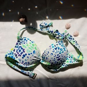 Leopard Print Bikini Top Green and Blue Tie